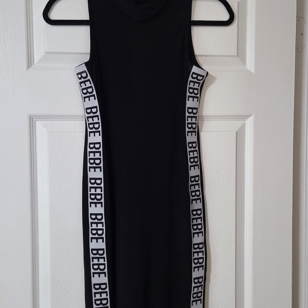 Bebe Black Midi Pencil Dress with Logo Stripes Mock Neck Date Night Cocktail. S